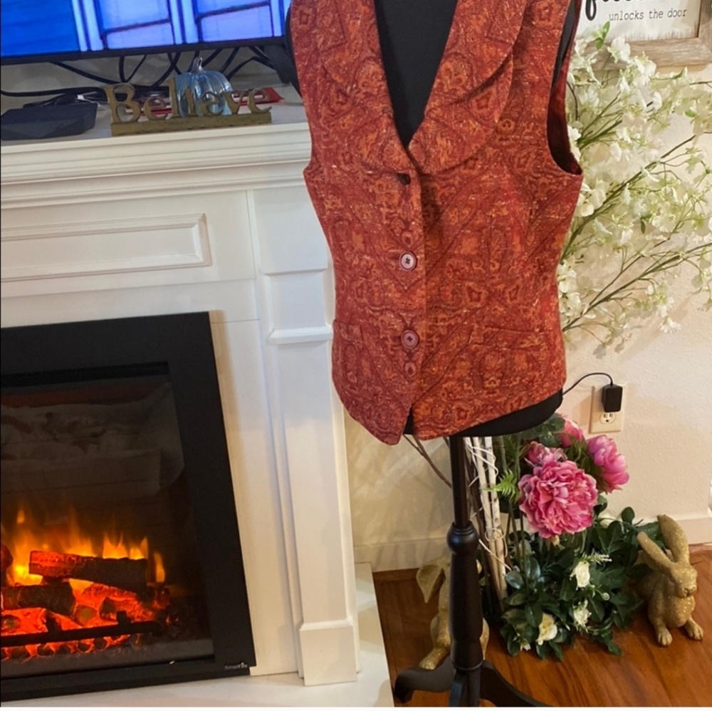 Karl Lagerfeld Tapestry Vintage Vest Double Flap Collar Wool/Silk Button Up Rust - Picture 7 of 12